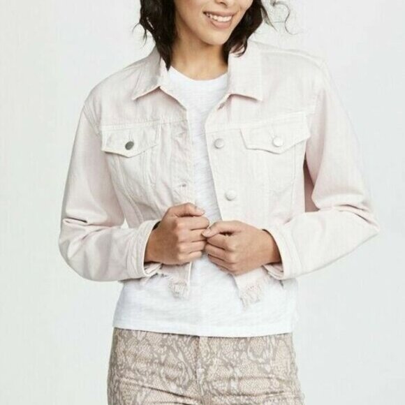 J Brand Trucker Oversized Crop Jacket Womens Medium Pink Cyra Denim Raw Hem - Picture 7 of 8